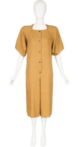 1970s Ochre Linen Short Sleeve Culottes Romper