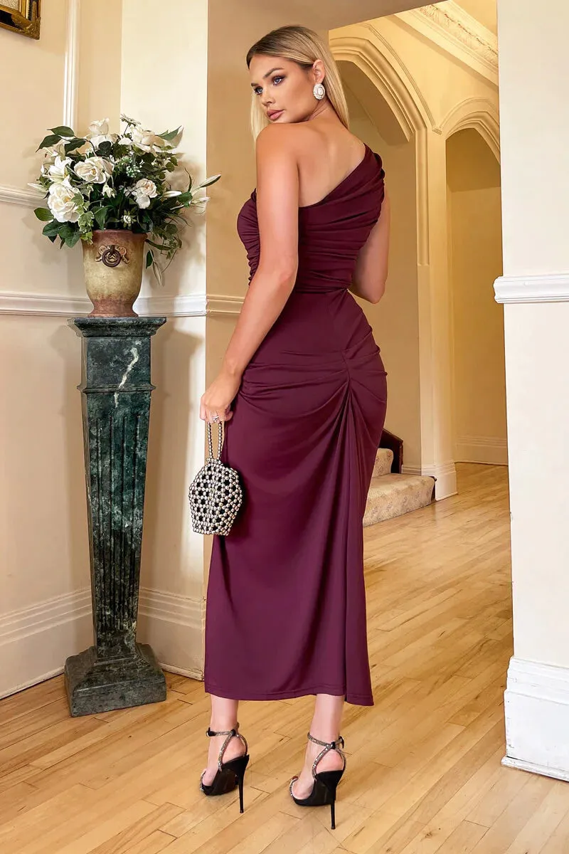 AX PARIS PLUM ONE SHOULDER KNOT SKIRT MIDI DRESS