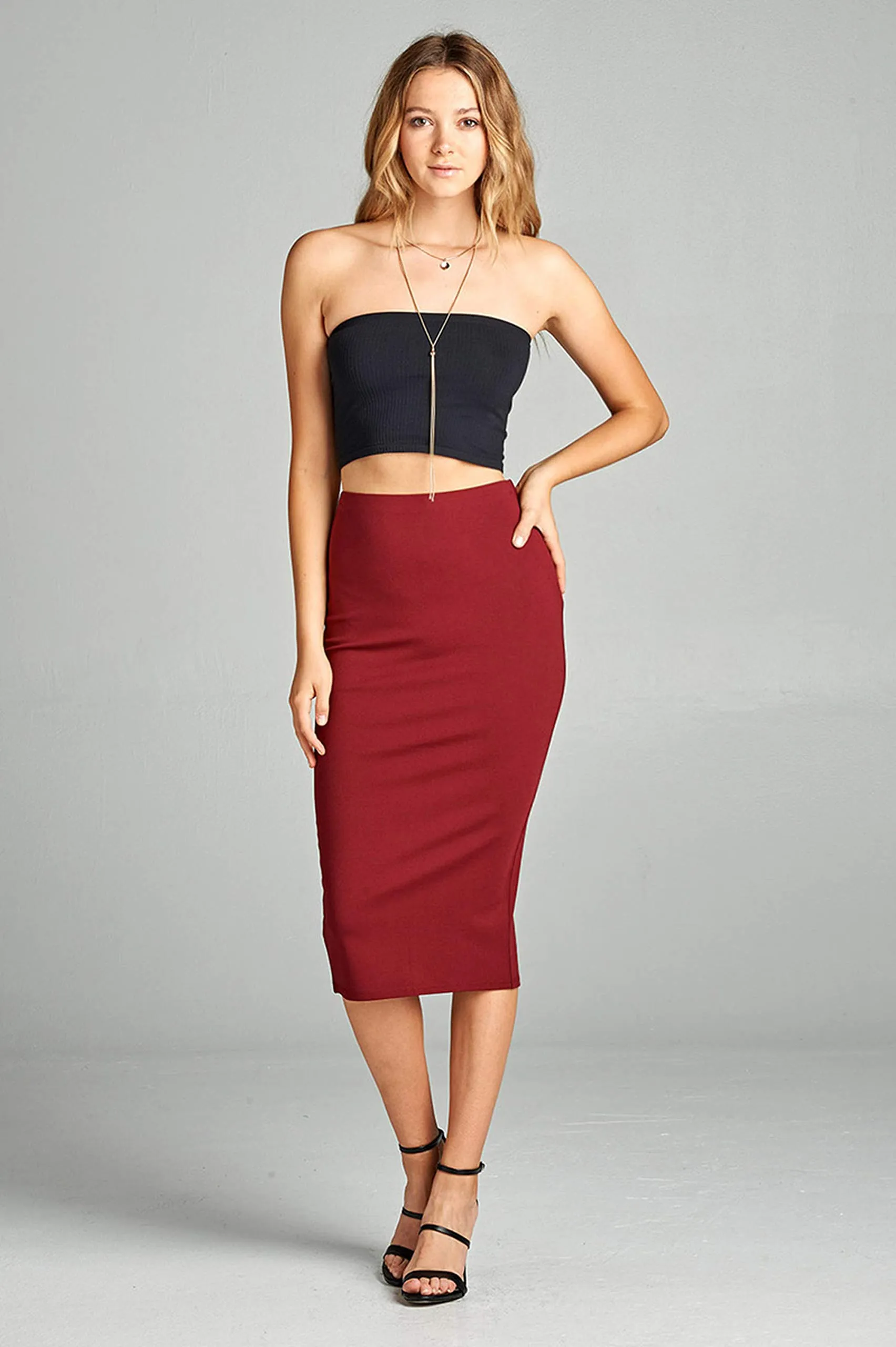 Basic Plain Long Bodycon Pencil Skirt with Slit on the Back