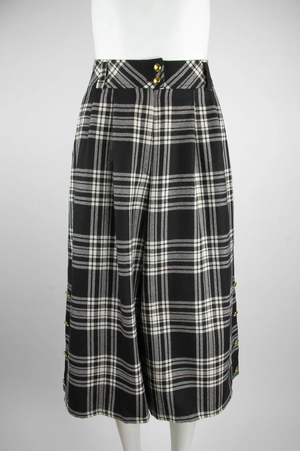 Black and white large check pattern pure new wool culottes - M