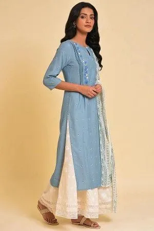 Blue Embroidered Kurta, Culottes And Printed Dupatta Set