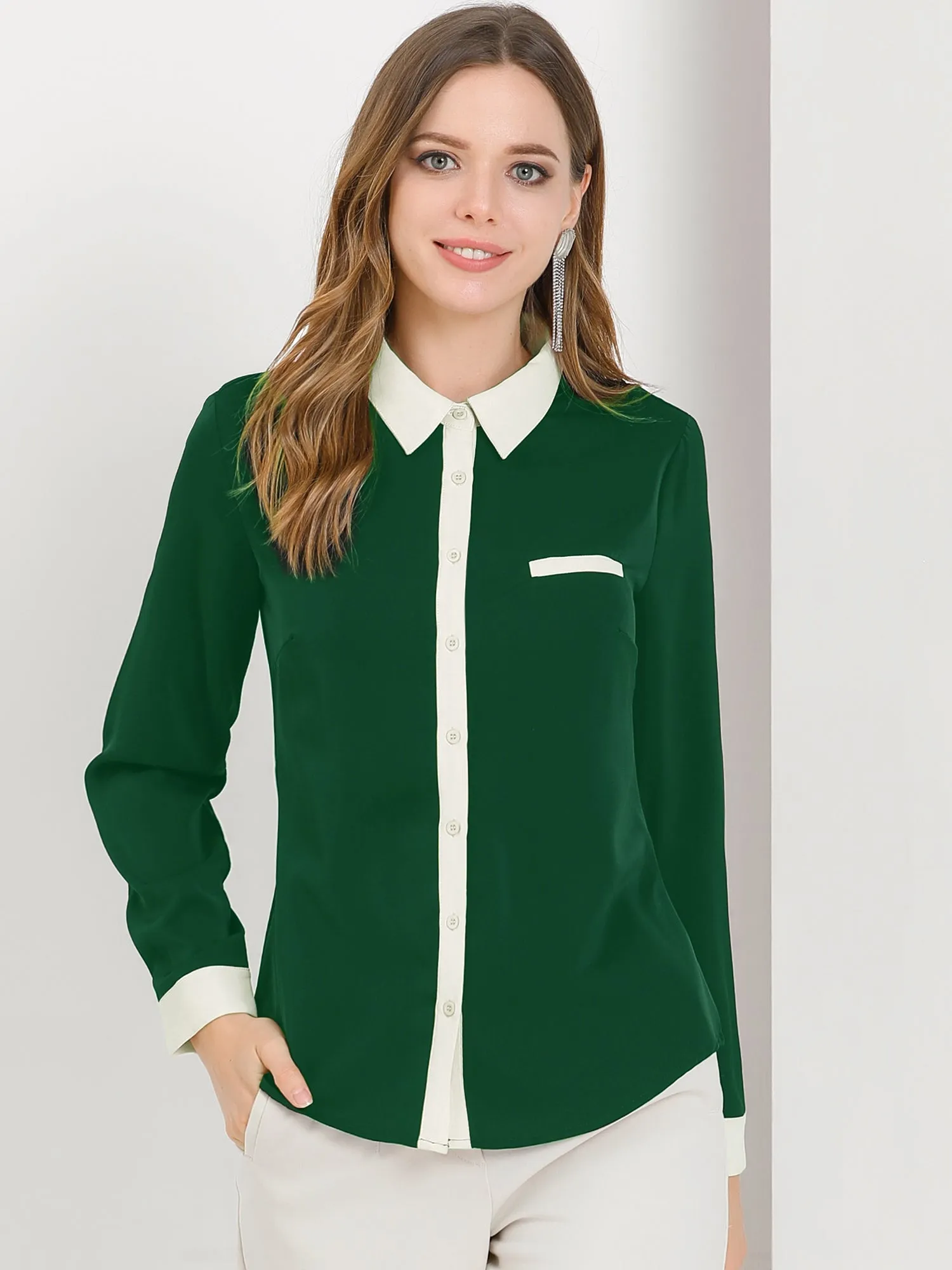 Contrast Collar Shirt Chiffon Long Sleeve Work Office Blouse