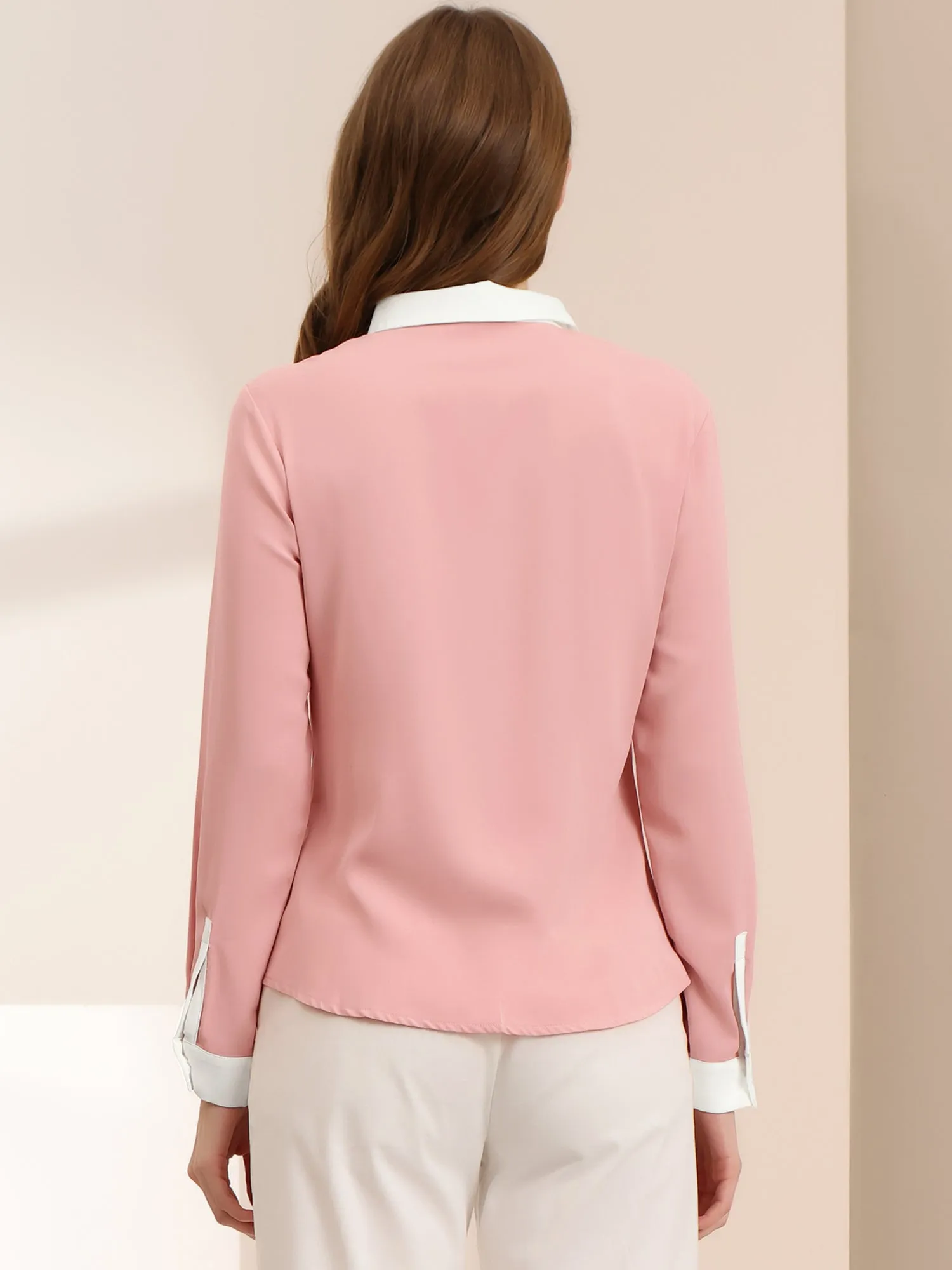 Contrast Collar Shirt Chiffon Long Sleeve Work Office Blouse