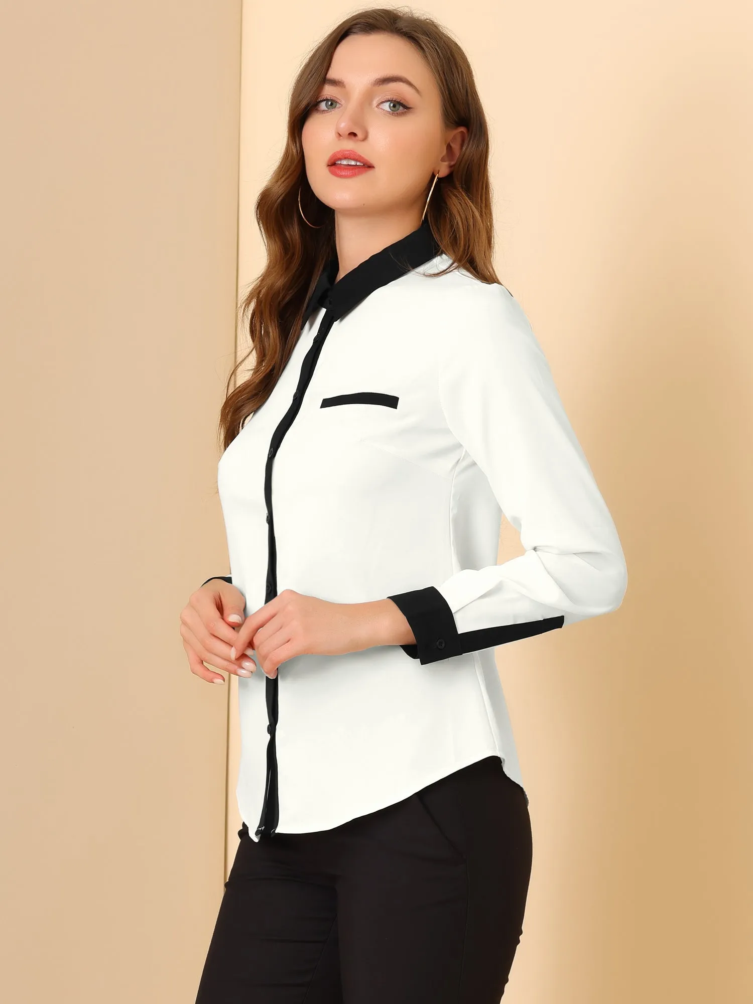 Contrast Collar Shirt Chiffon Long Sleeve Work Office Blouse