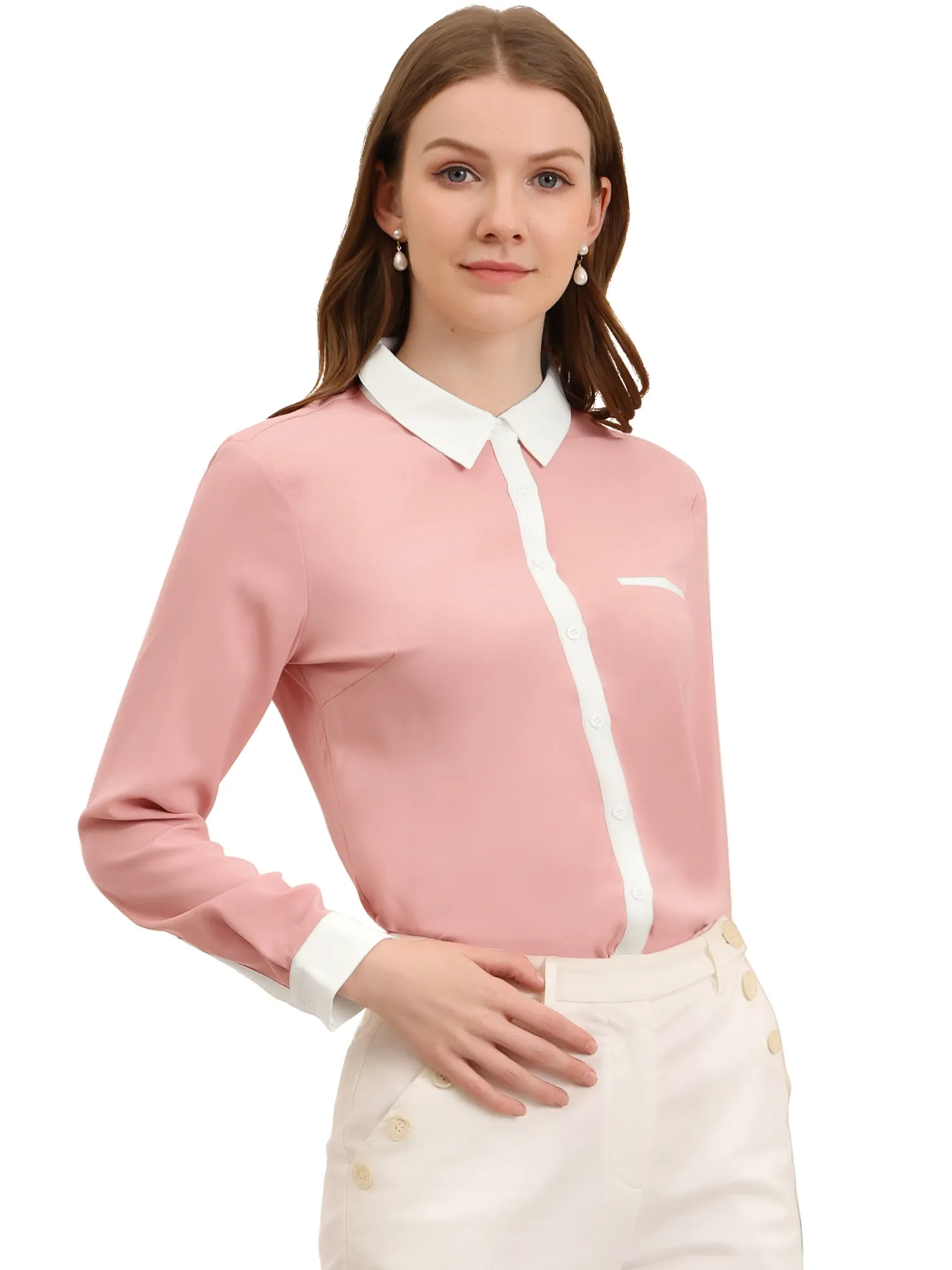 Contrast Collar Shirt Chiffon Long Sleeve Work Office Blouse
