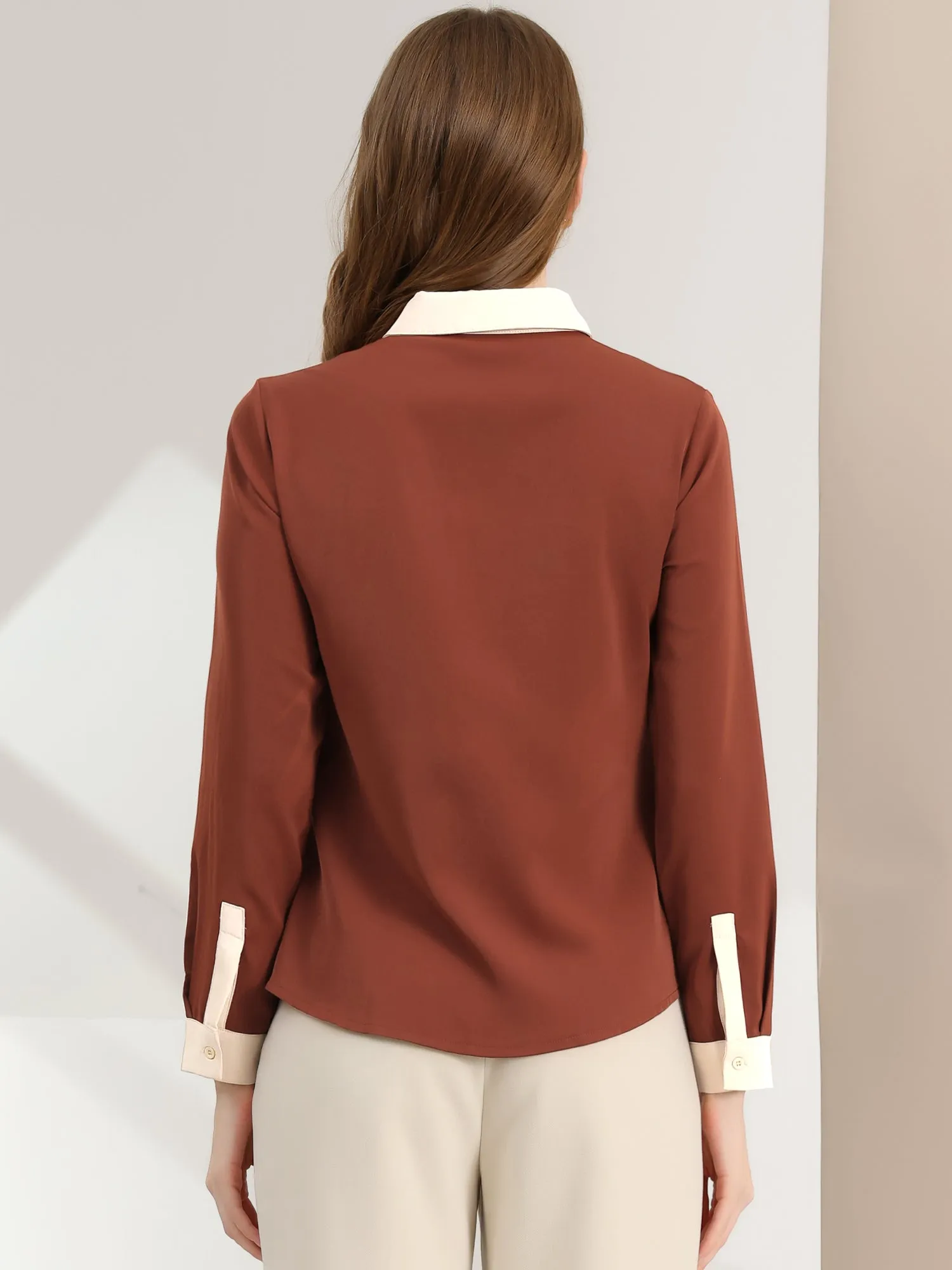 Contrast Collar Shirt Chiffon Long Sleeve Work Office Blouse