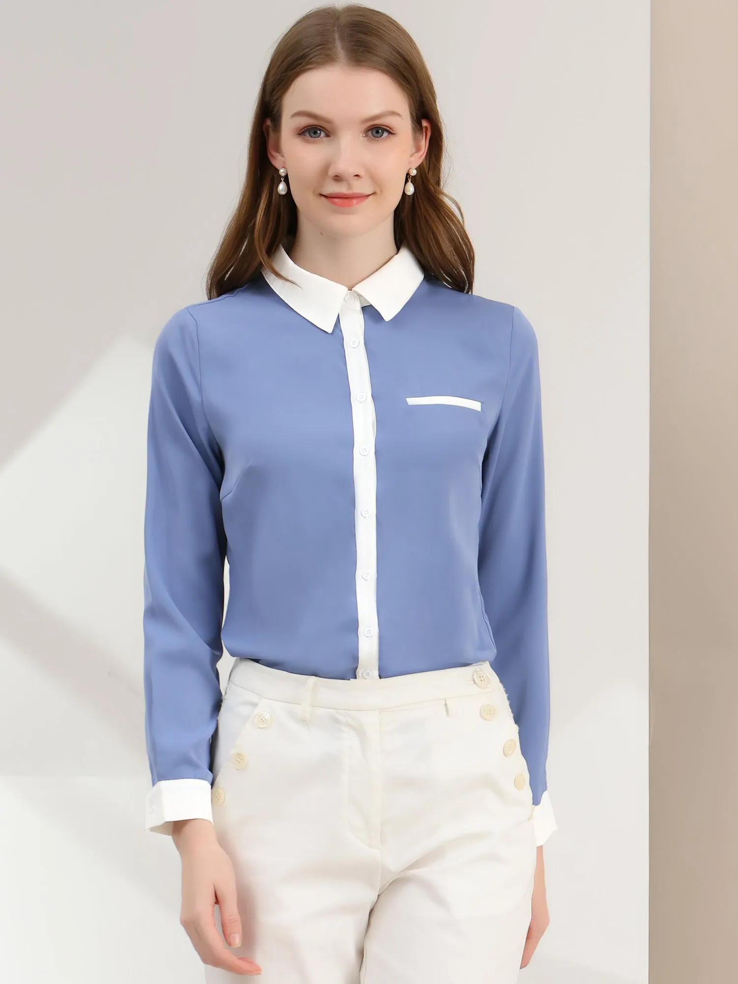 Contrast Collar Shirt Chiffon Long Sleeve Work Office Blouse
