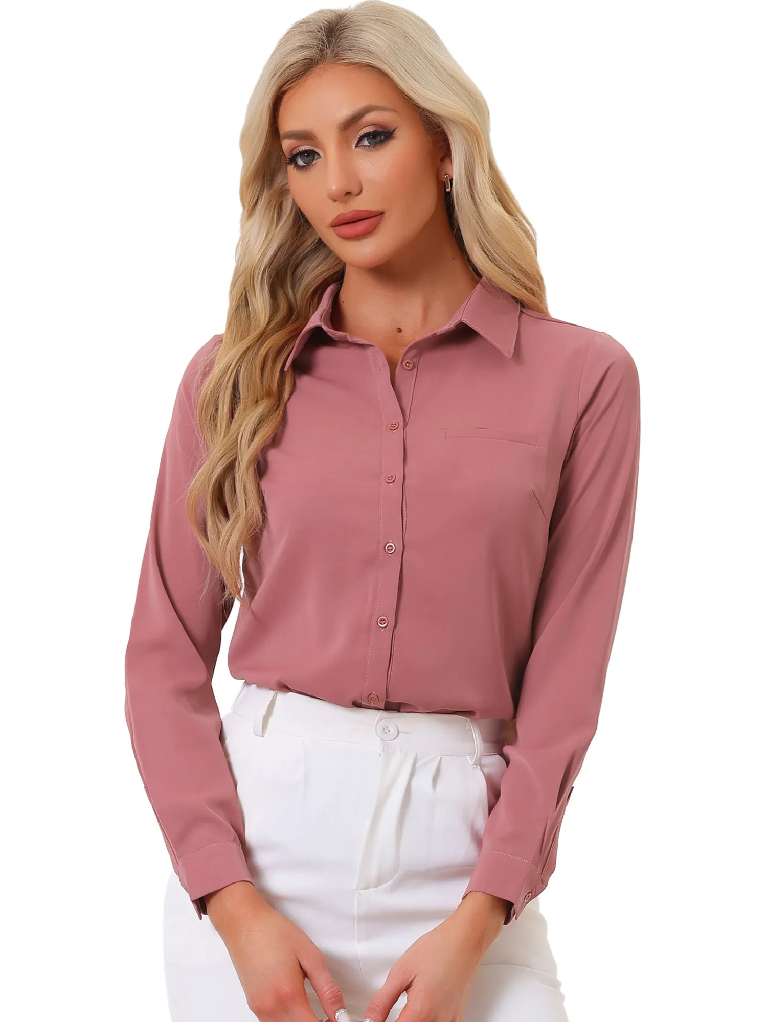 Contrast Collar Shirt Chiffon Long Sleeve Work Office Blouse