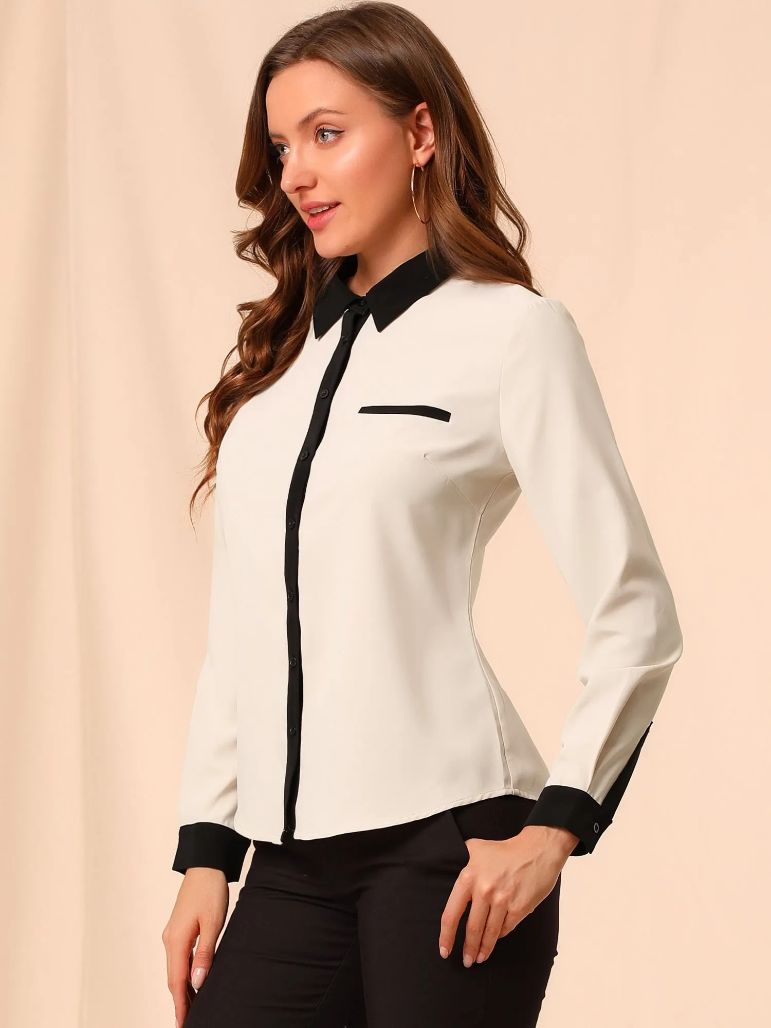 Contrast Collar Shirt Chiffon Long Sleeve Work Office Blouse