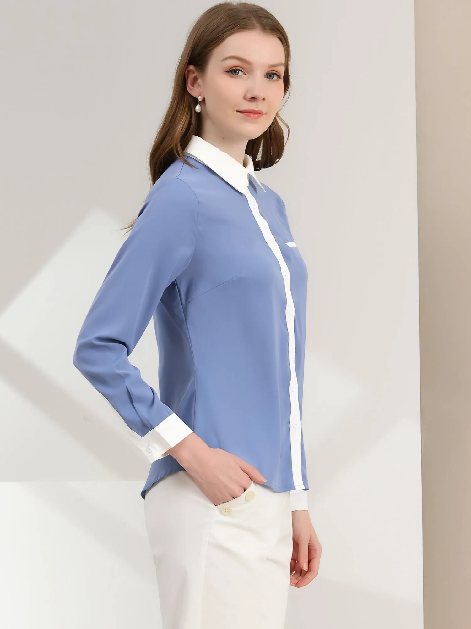 Contrast Collar Shirt Chiffon Long Sleeve Work Office Blouse