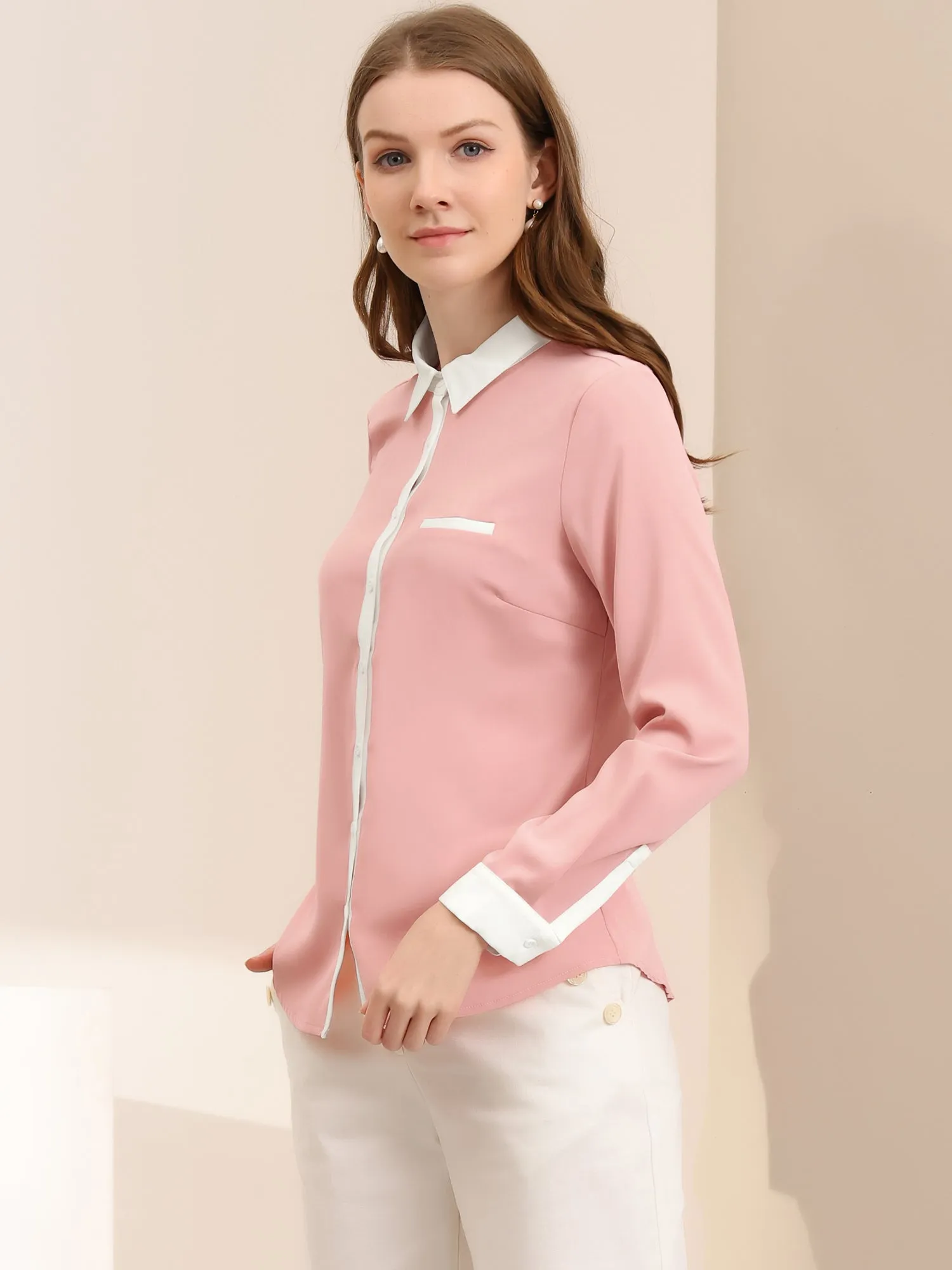 Contrast Collar Shirt Chiffon Long Sleeve Work Office Blouse