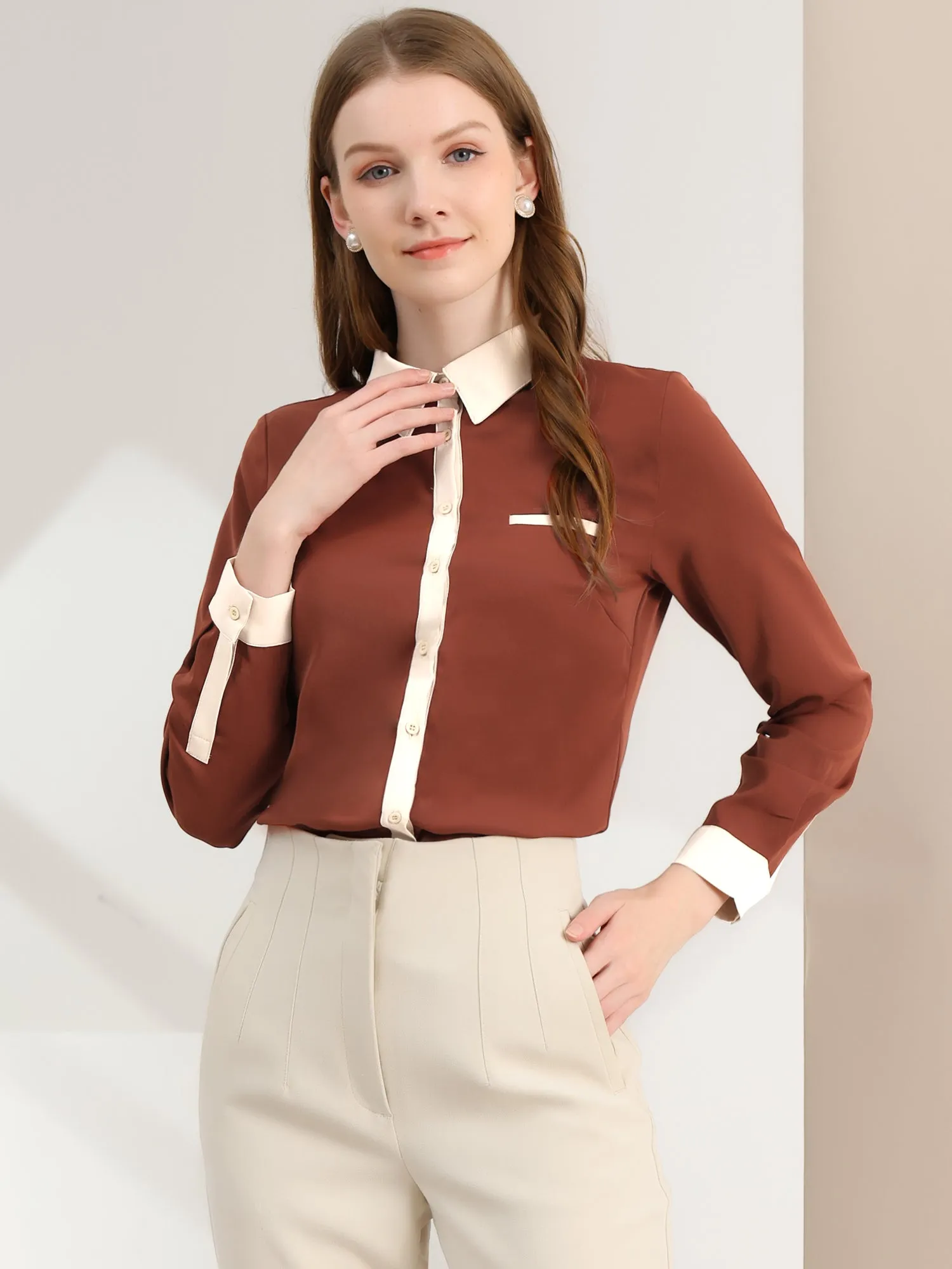 Contrast Collar Shirt Chiffon Long Sleeve Work Office Blouse