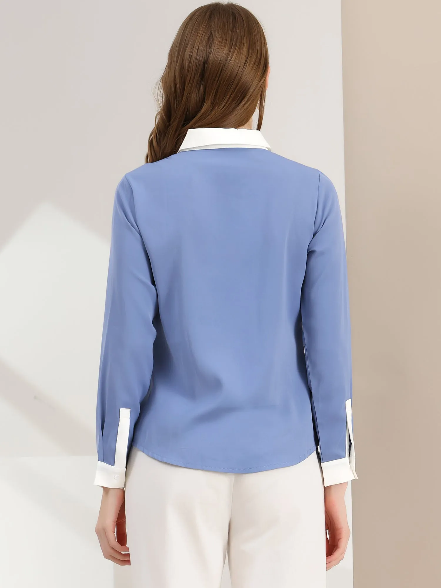Contrast Collar Shirt Chiffon Long Sleeve Work Office Blouse