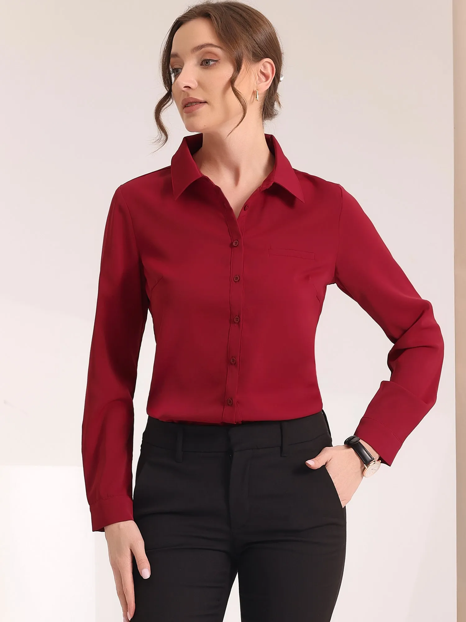 Contrast Collar Shirt Chiffon Long Sleeve Work Office Blouse