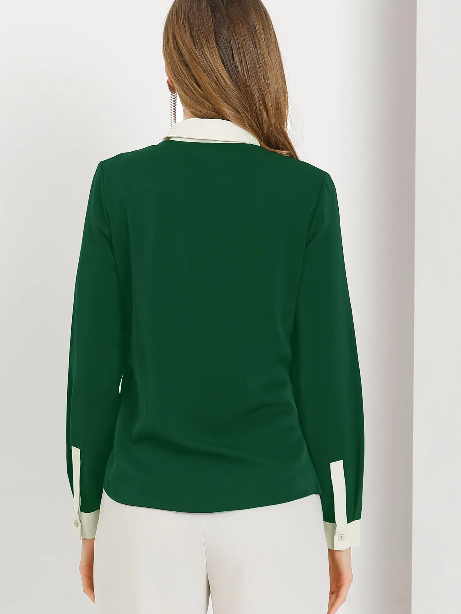 Contrast Collar Shirt Chiffon Long Sleeve Work Office Blouse