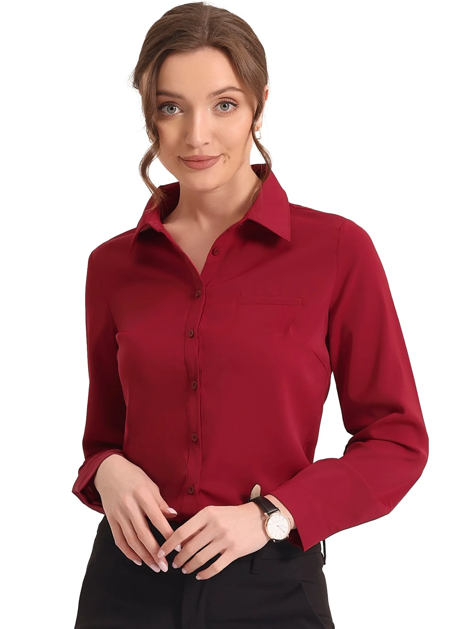Contrast Collar Shirt Chiffon Long Sleeve Work Office Blouse