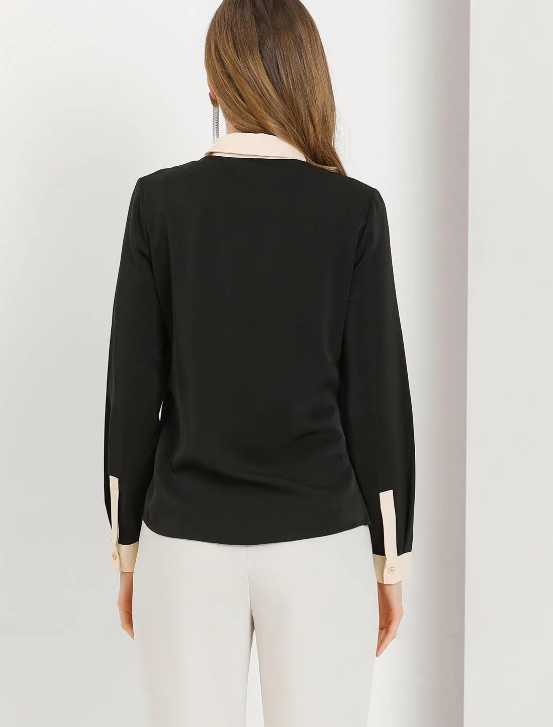 Contrast Collar Shirt Chiffon Long Sleeve Work Office Blouse