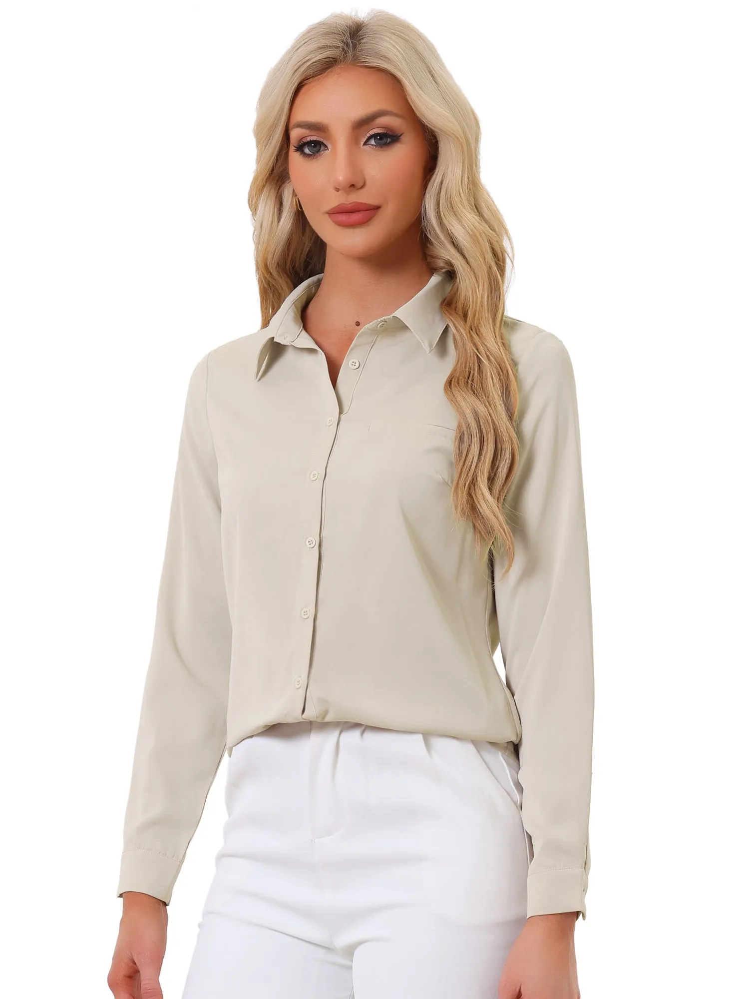 Contrast Collar Shirt Chiffon Long Sleeve Work Office Blouse