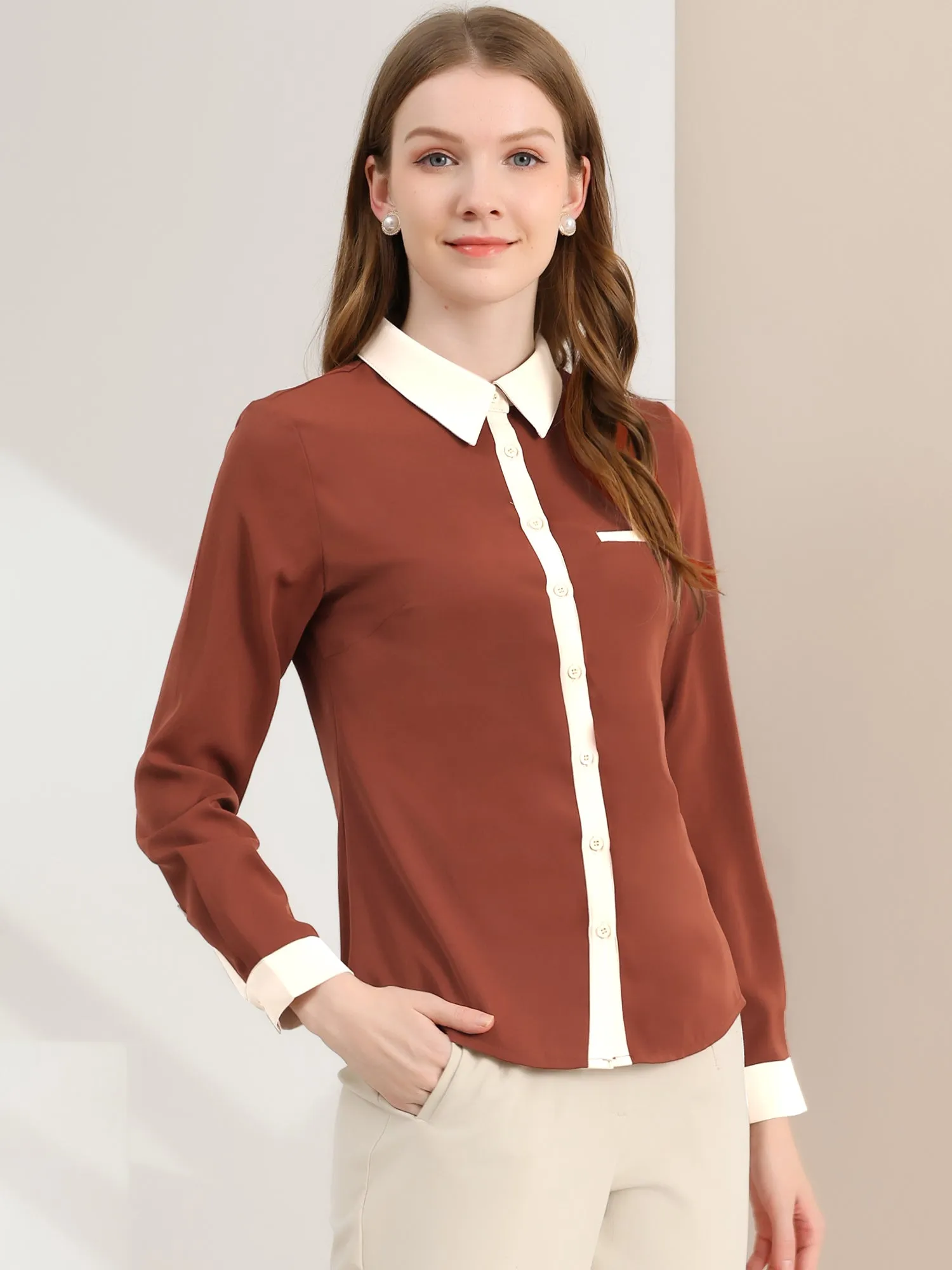 Contrast Collar Shirt Chiffon Long Sleeve Work Office Blouse