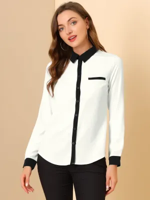 Contrast Collar Shirt Chiffon Long Sleeve Work Office Blouse