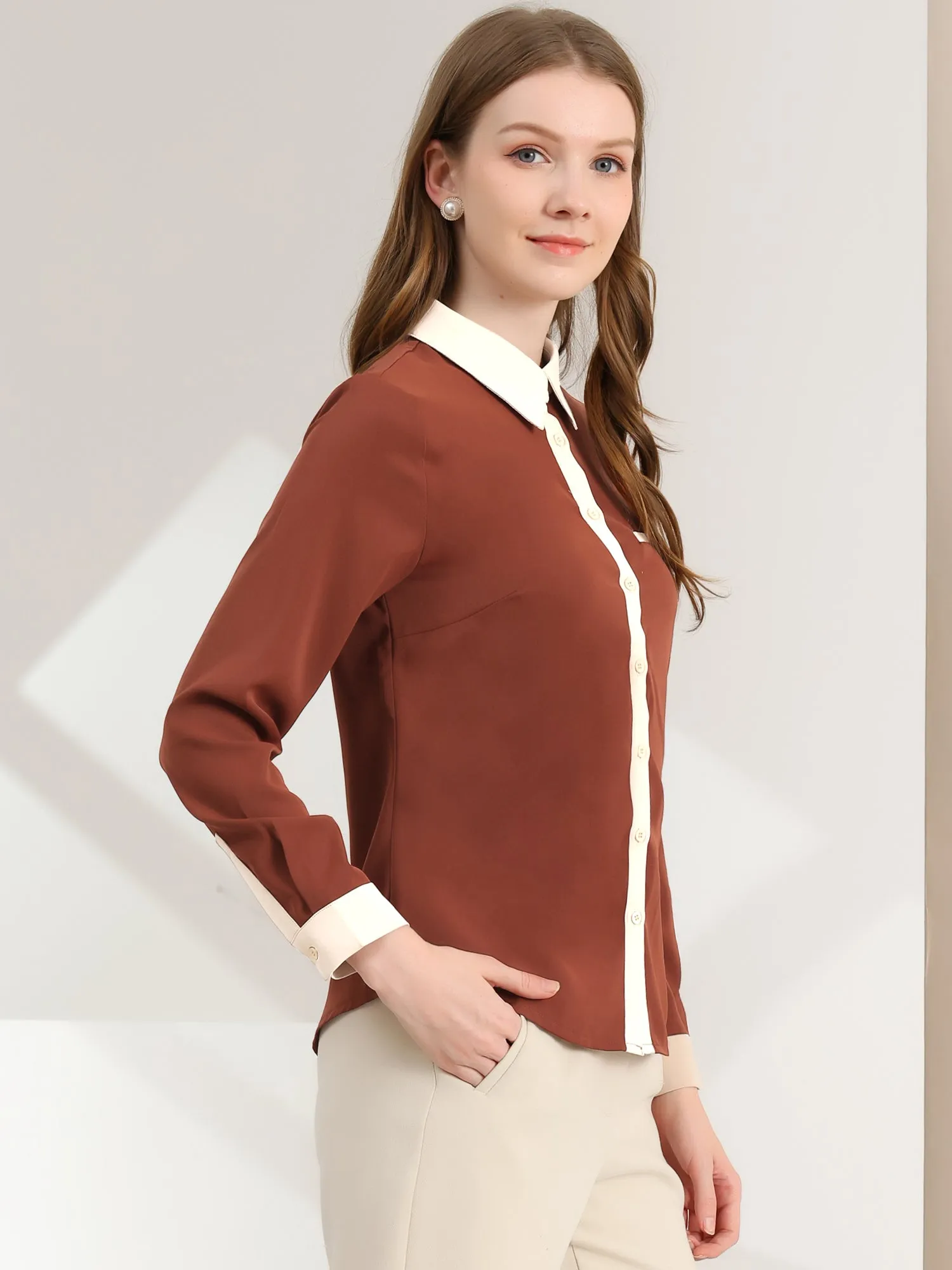 Contrast Collar Shirt Chiffon Long Sleeve Work Office Blouse