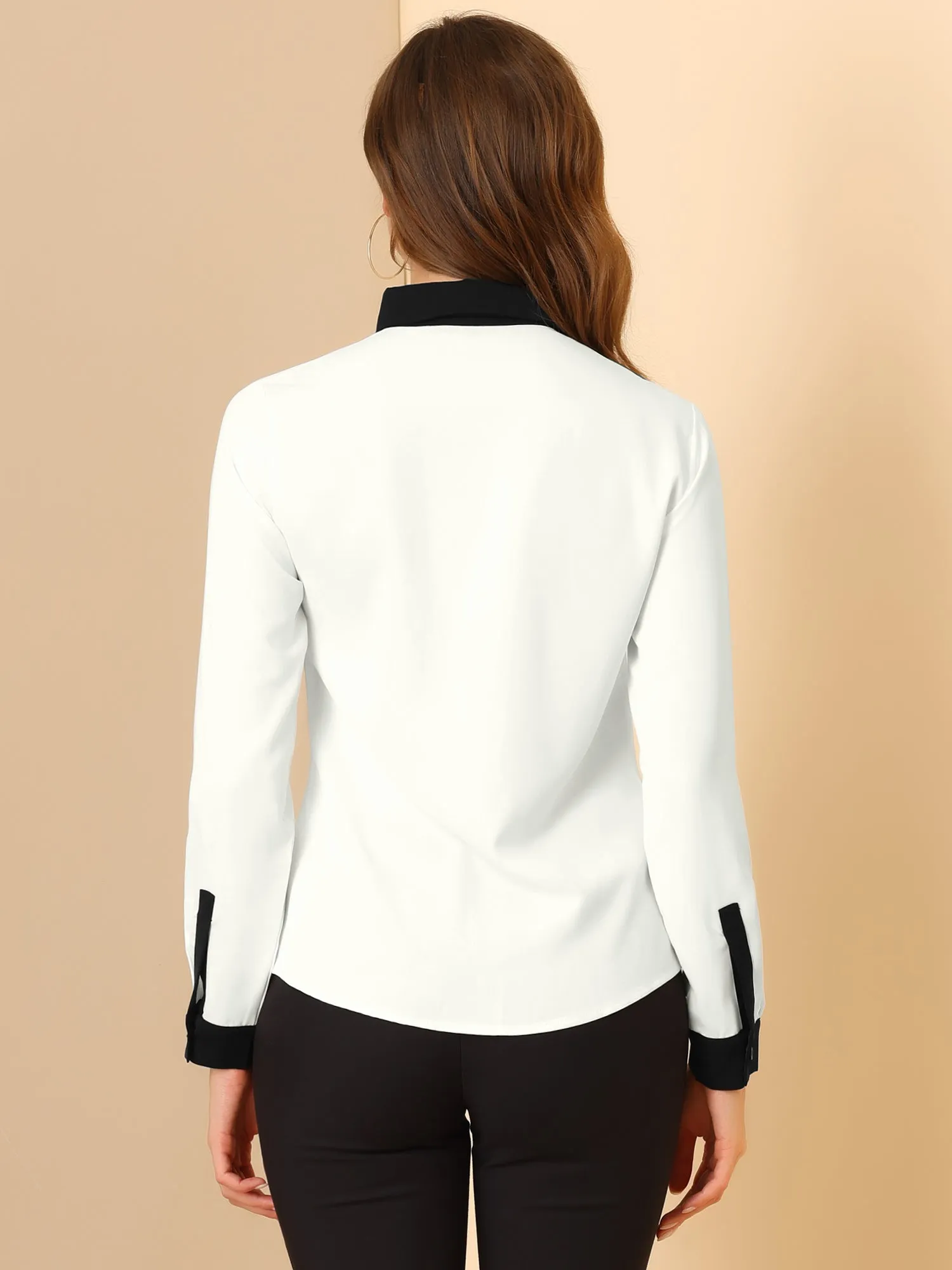 Contrast Collar Shirt Chiffon Long Sleeve Work Office Blouse