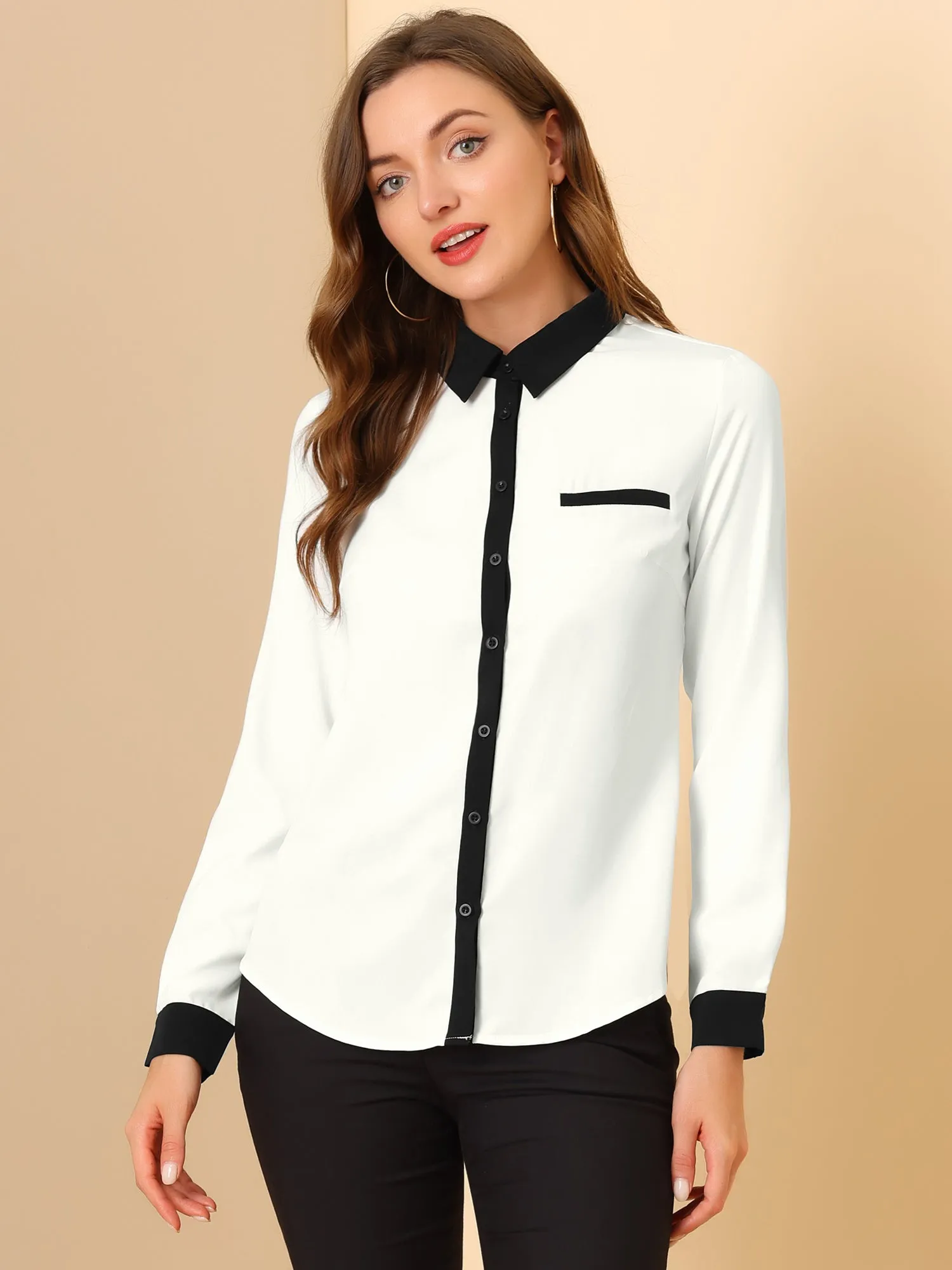 Contrast Collar Shirt Chiffon Long Sleeve Work Office Blouse