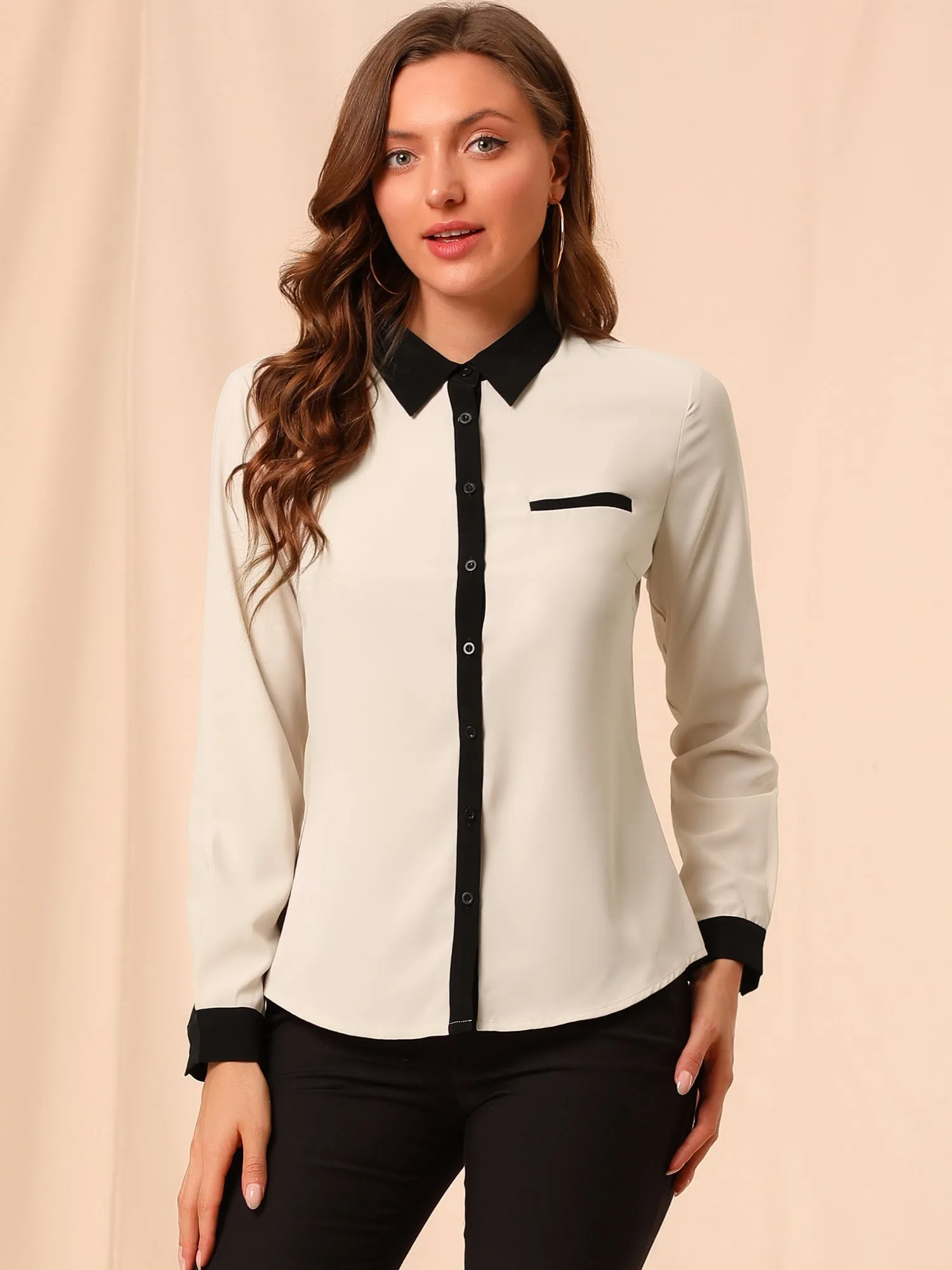 Contrast Collar Shirt Chiffon Long Sleeve Work Office Blouse