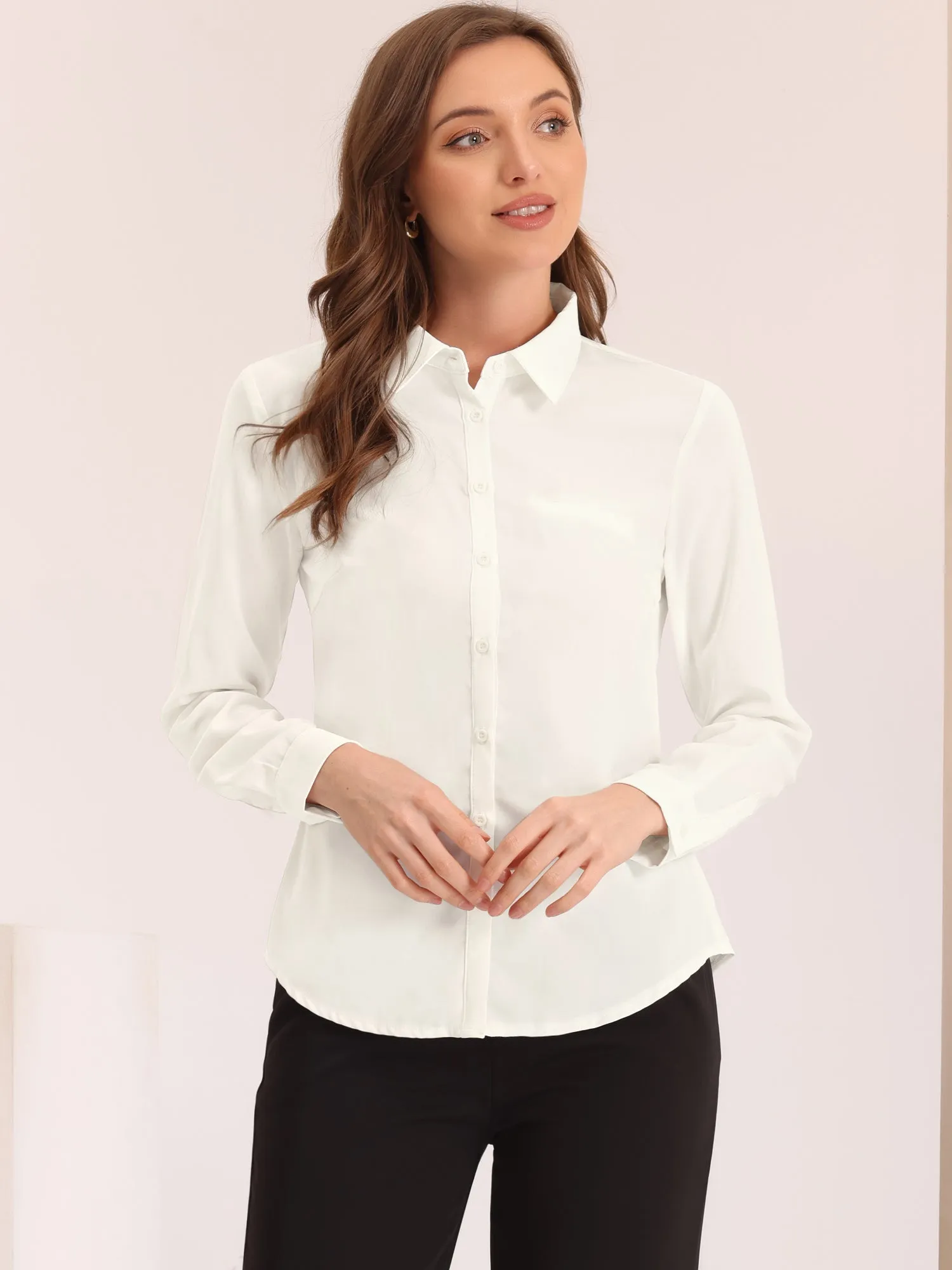 Contrast Collar Shirt Chiffon Long Sleeve Work Office Blouse
