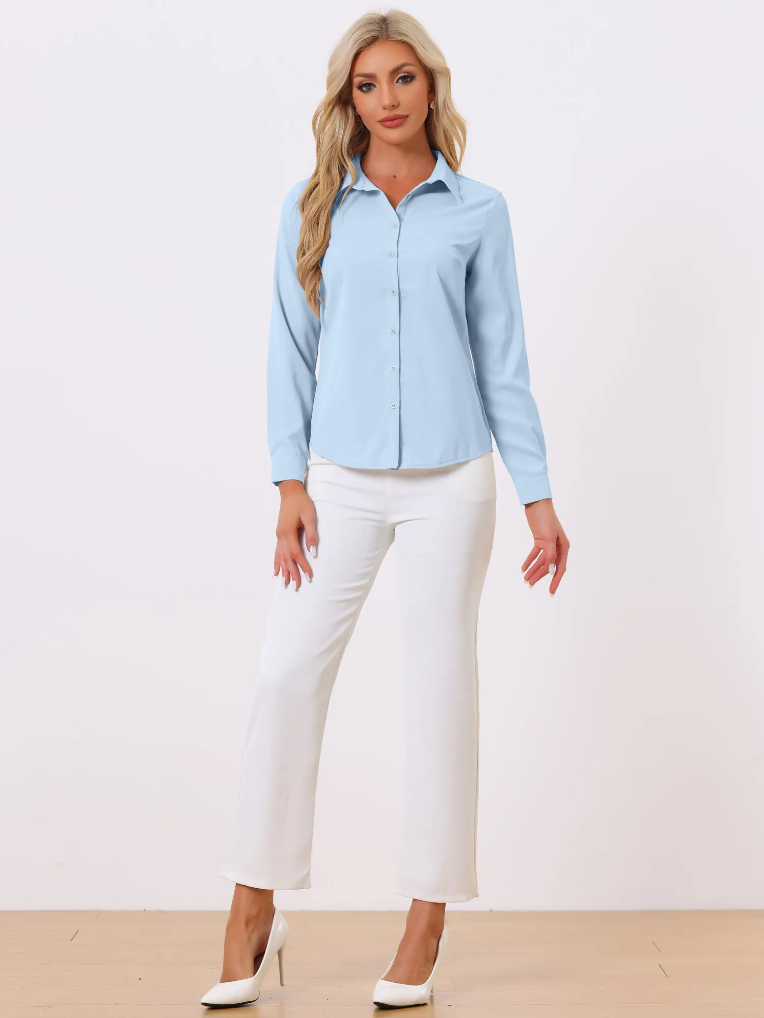 Contrast Collar Shirt Chiffon Long Sleeve Work Office Blouse