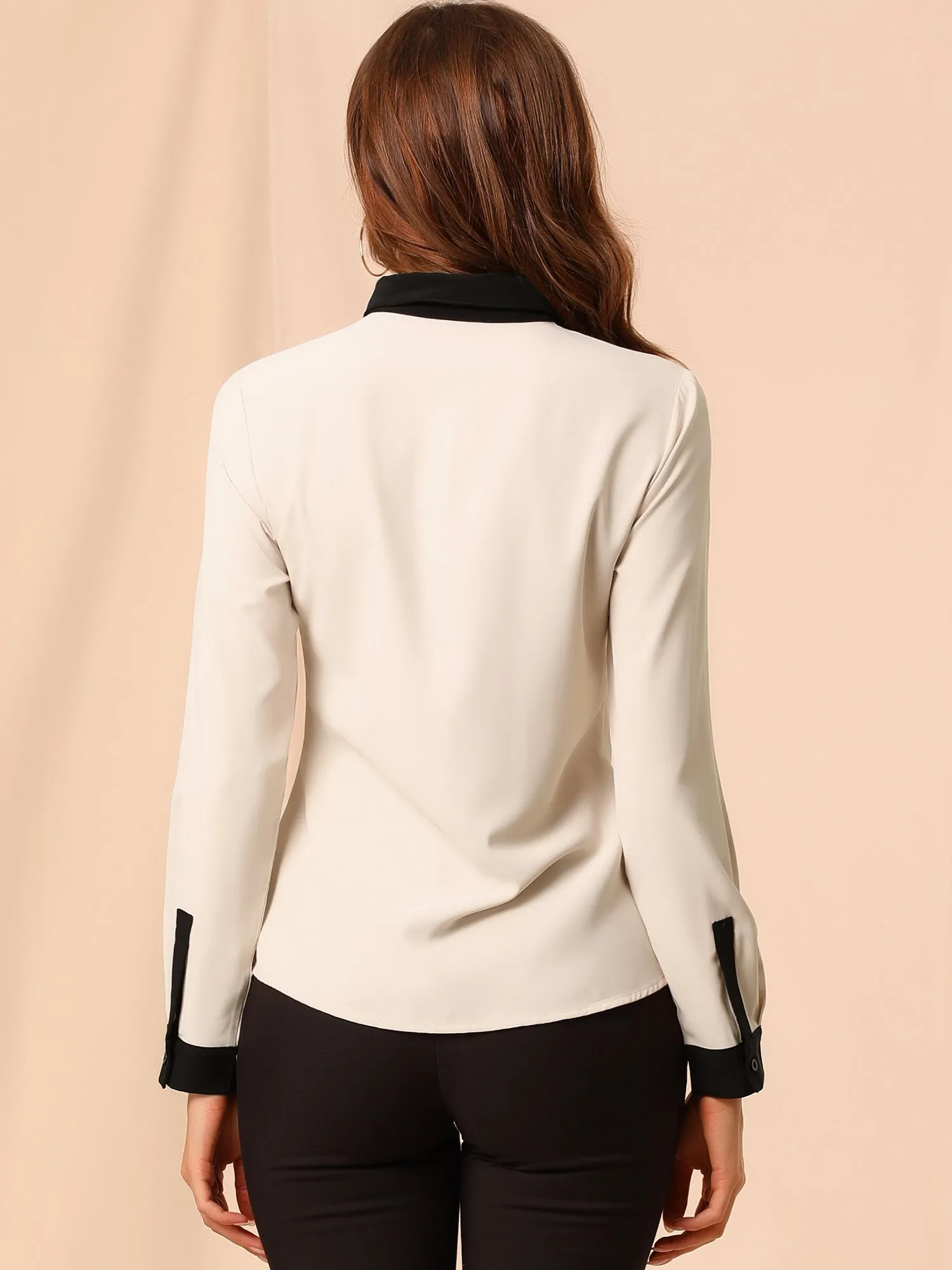 Contrast Collar Shirt Chiffon Long Sleeve Work Office Blouse