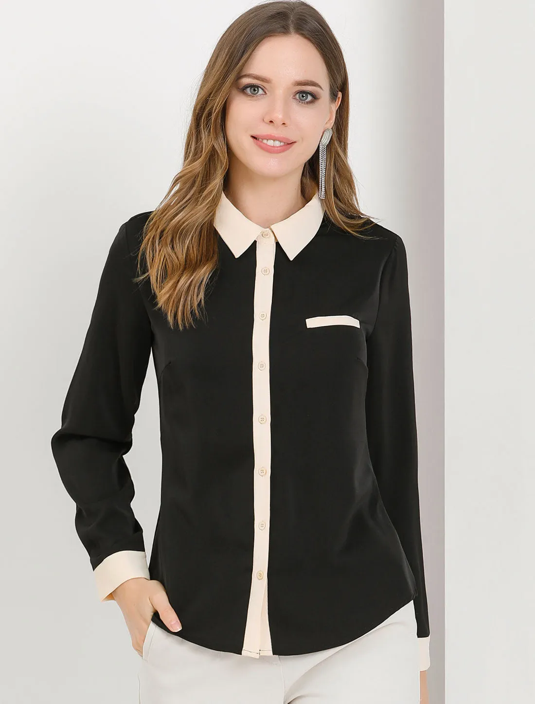 Contrast Collar Shirt Chiffon Long Sleeve Work Office Blouse