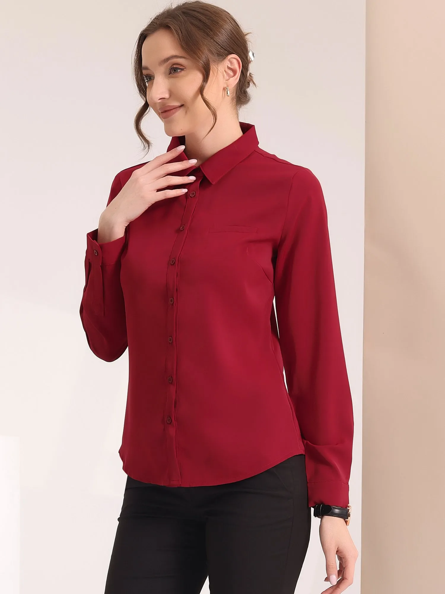 Contrast Collar Shirt Chiffon Long Sleeve Work Office Blouse