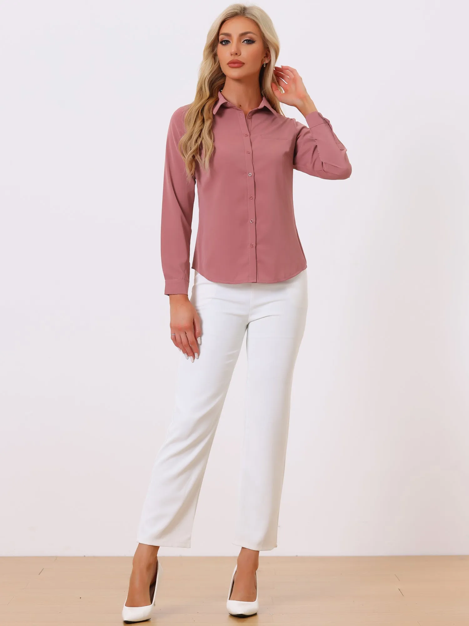Contrast Collar Shirt Chiffon Long Sleeve Work Office Blouse