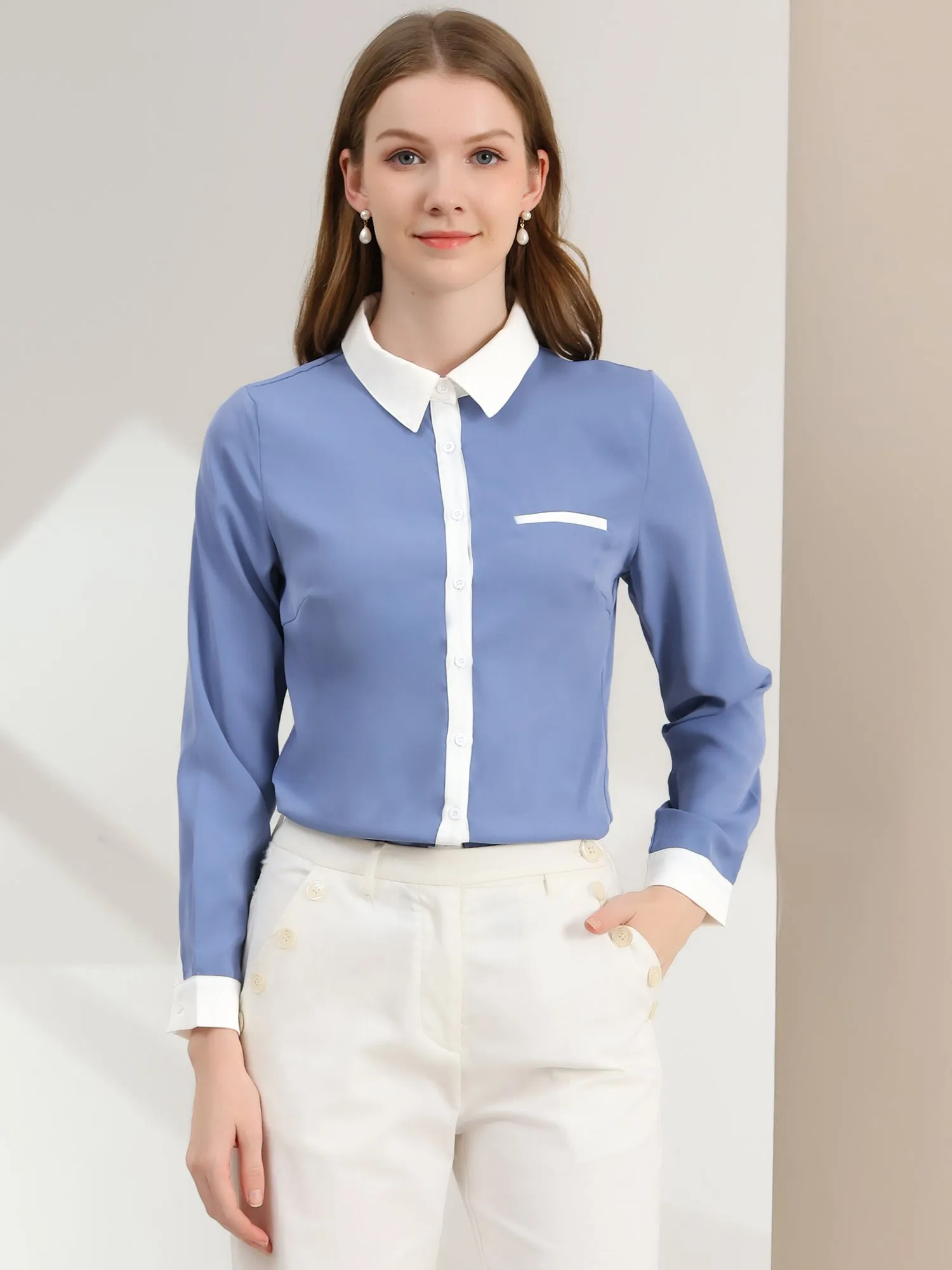 Contrast Collar Shirt Chiffon Long Sleeve Work Office Blouse