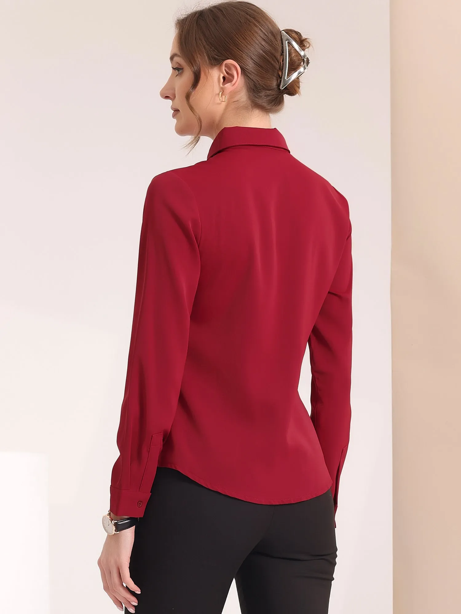 Contrast Collar Shirt Chiffon Long Sleeve Work Office Blouse