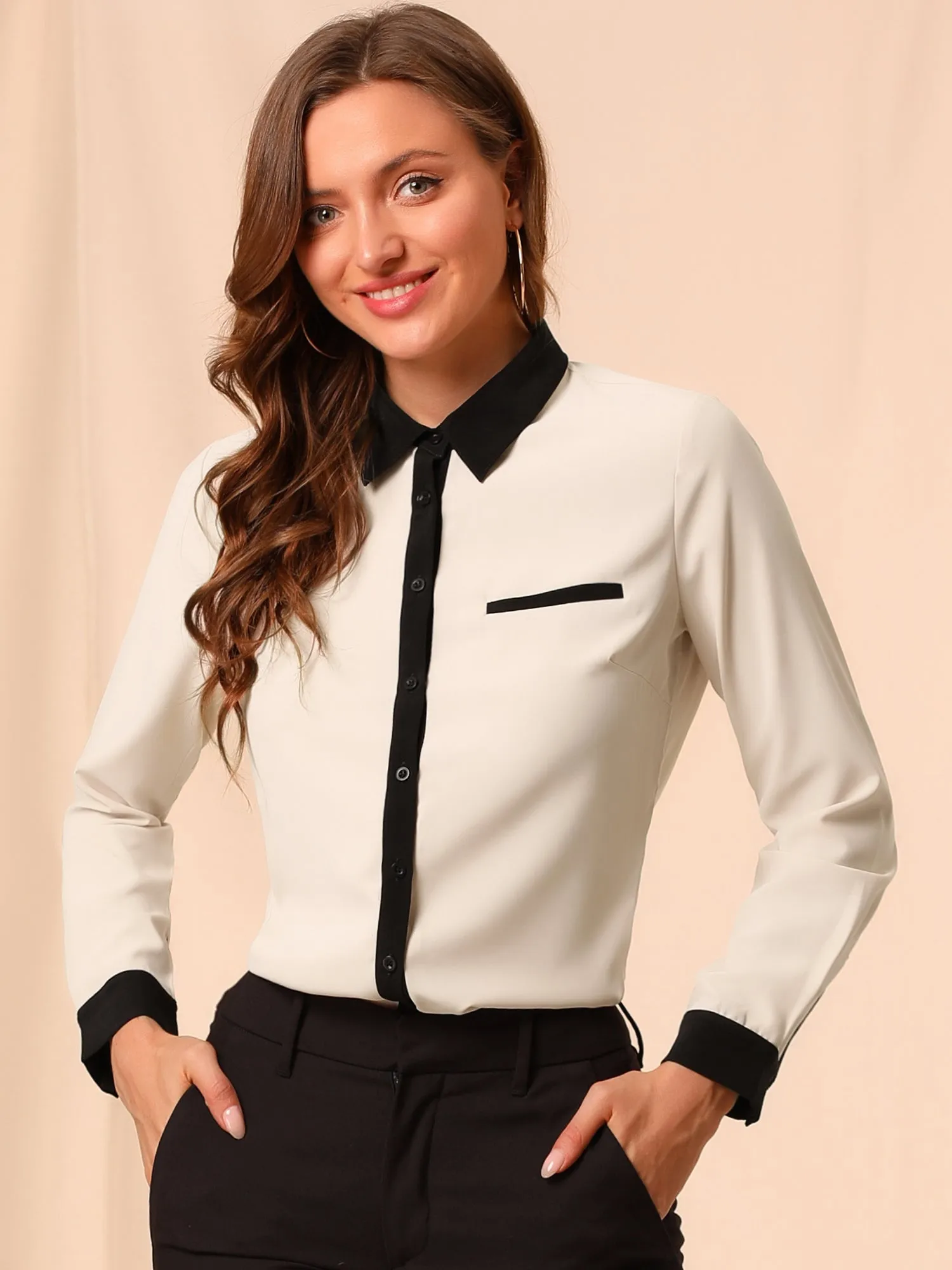 Contrast Collar Shirt Chiffon Long Sleeve Work Office Blouse