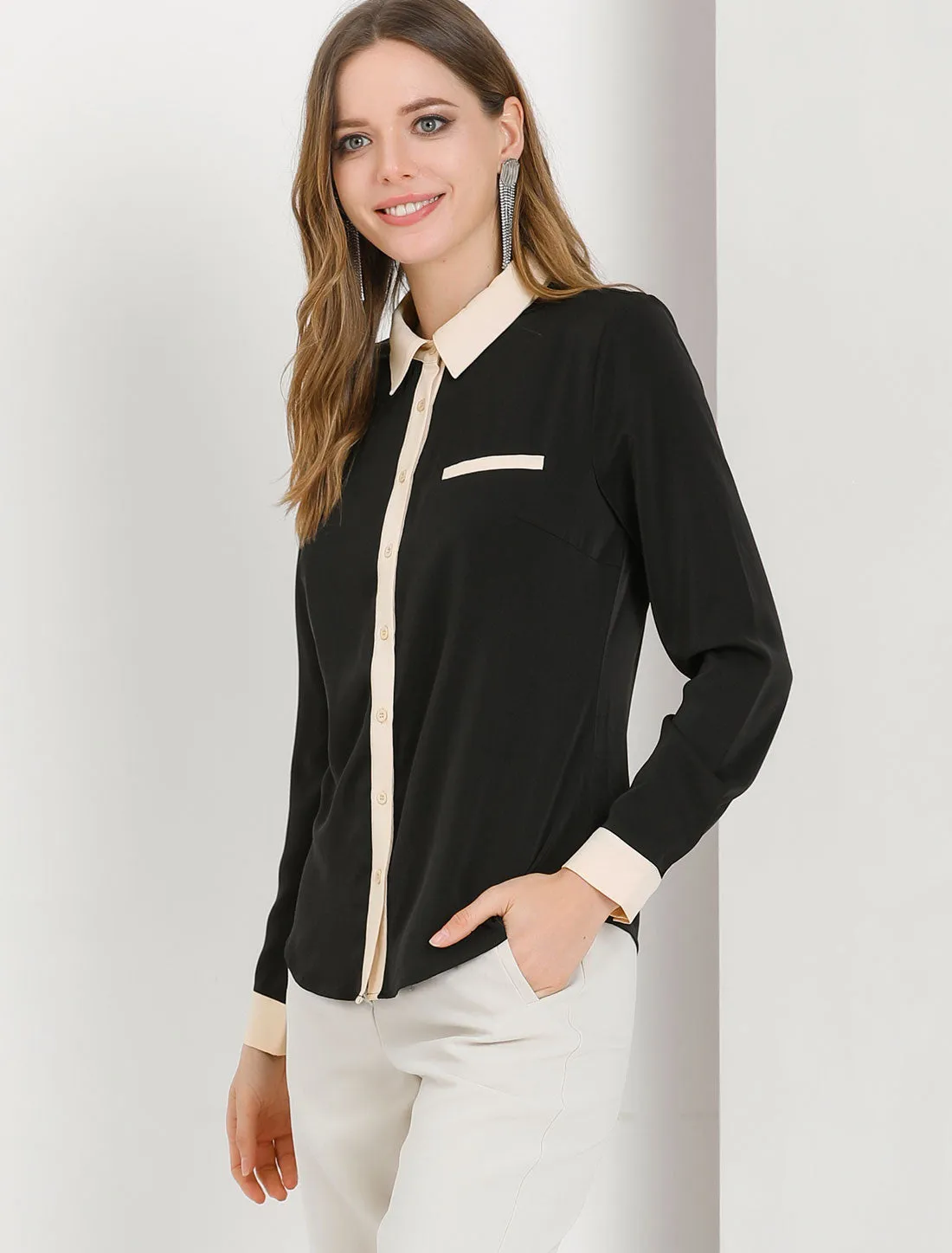 Contrast Collar Shirt Chiffon Long Sleeve Work Office Blouse