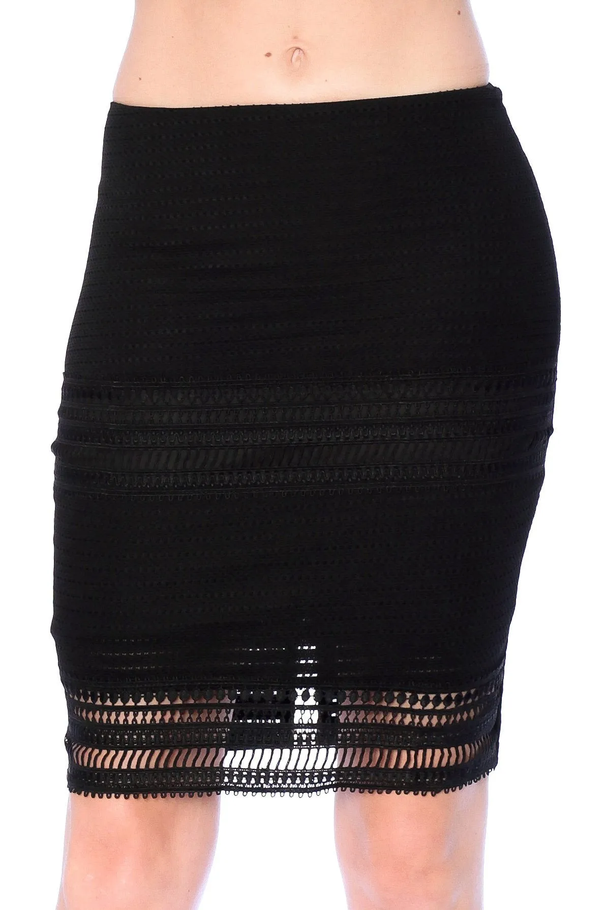 Crotchet knit Long Pencil Skirt with Slit on the back (Medium, Black)
