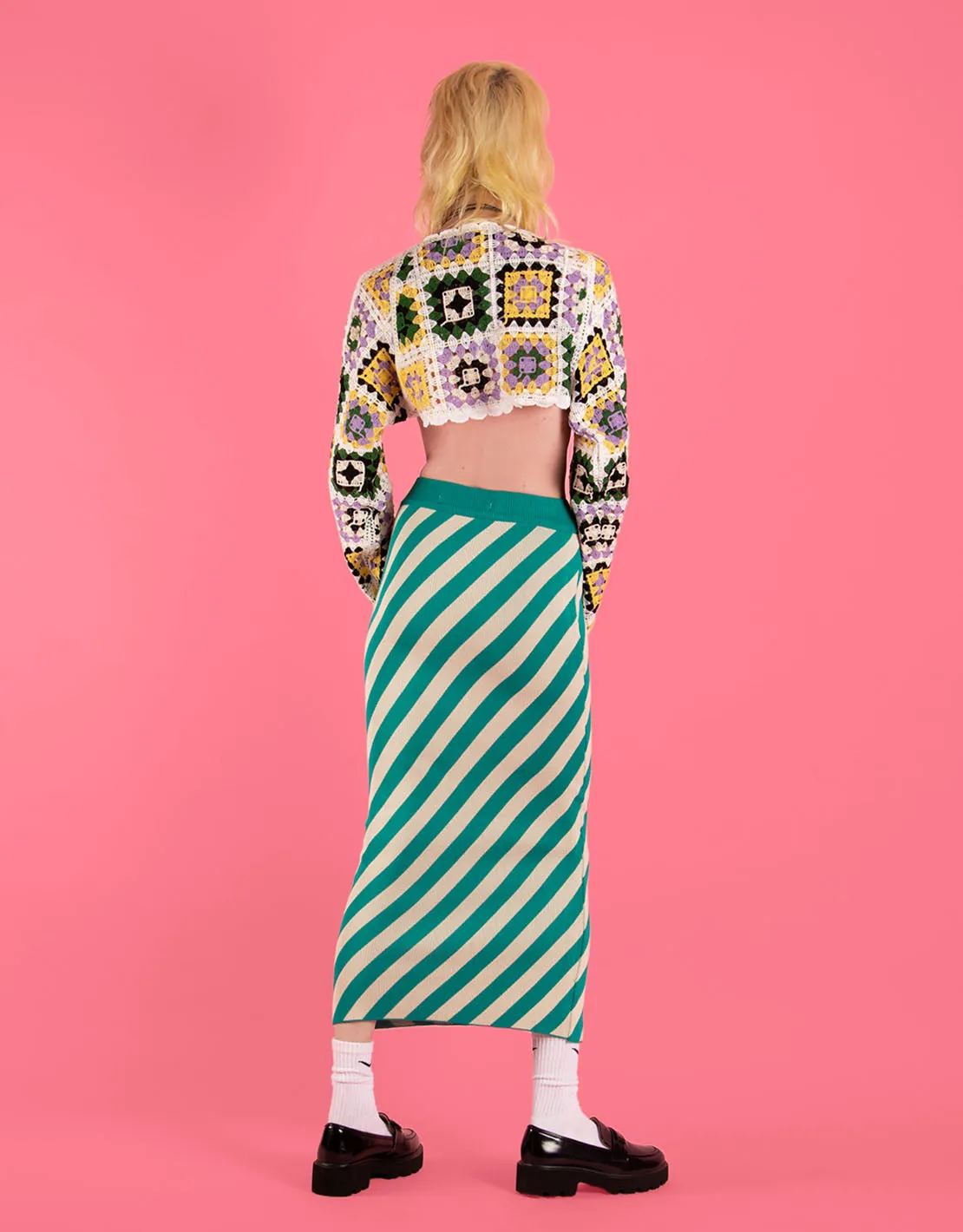 Diagonal stripes midi skirt
