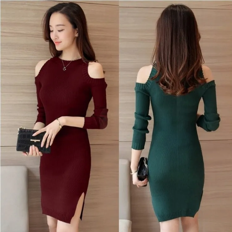 Dress Korean Sexy Bare-Shoulder Long Sleeved Hip Flattering Slim Look Splitted Knitted Women Dress