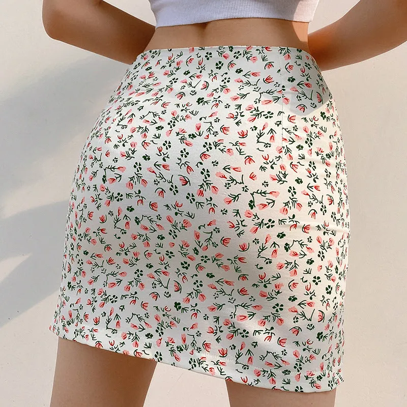 Europe Summer Slim Look French Floral Sexy Splitted Skirt Pencil Women Skirt