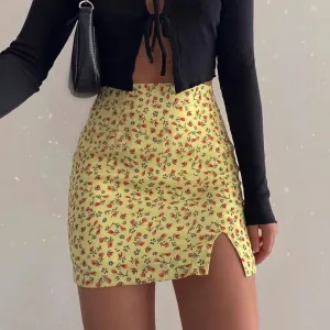 Europe Summer Slim Look French Floral Sexy Splitted Skirt Pencil Women Skirt