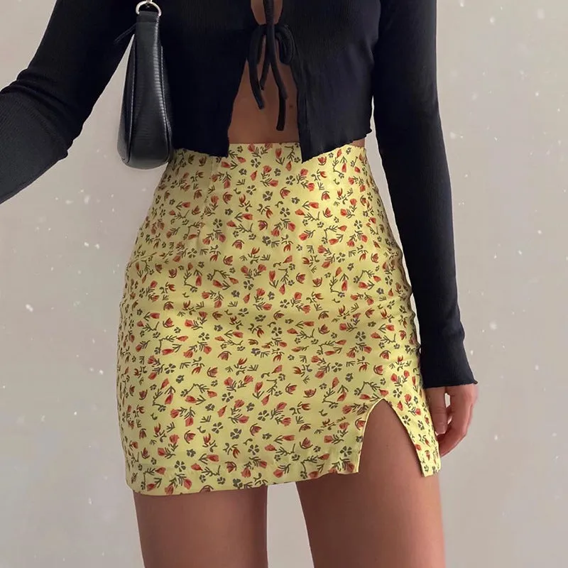 Europe Summer Slim Look French Floral Sexy Splitted Skirt Pencil Women Skirt