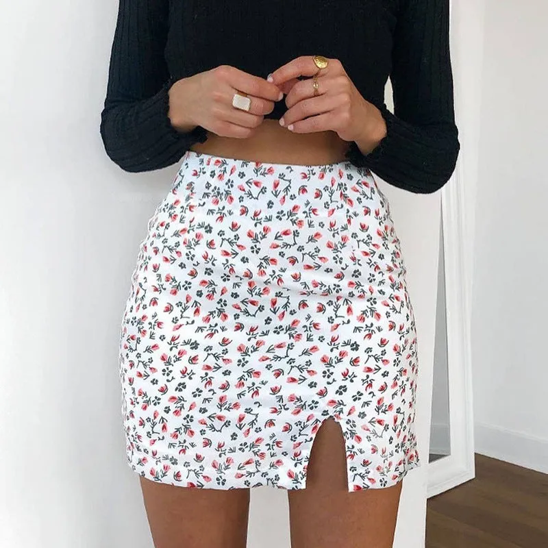 Europe Summer Slim Look French Floral Sexy Splitted Skirt Pencil Women Skirt