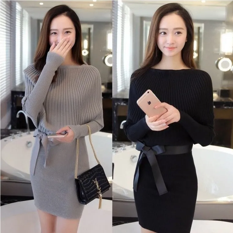 Free Belt Korean Trendy Slim Look Hip Flattering Bat Sweater Women Dress