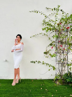 Gabriella rouged white mesh cached pencil skirt