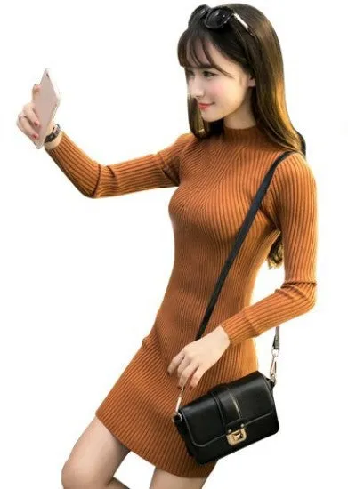 Half-Height Collar Thick Mid-Length Korean Slimming Pencil Dress Hip Flattering Knitted Sweater