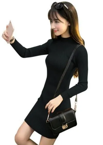 Half-Height Collar Thick Mid-Length Korean Slimming Pencil Dress Hip Flattering Knitted Sweater