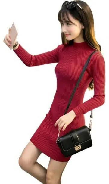 Half-Height Collar Thick Mid-Length Korean Slimming Pencil Dress Hip Flattering Knitted Sweater